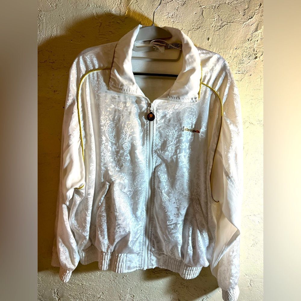 Vintage Ellesse Athletic Jacket Embossed White design w gold piping Zip front